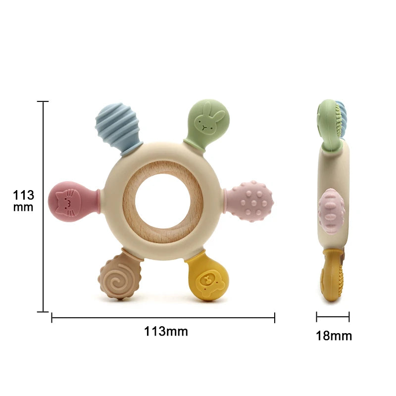 1pc Food Grade Baby Silicone Teether Rudder Shape Wooden Ring Teething