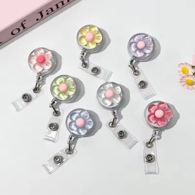 1pcs Cute Transparent Floral Badge Reel for Women Retractable Worker
