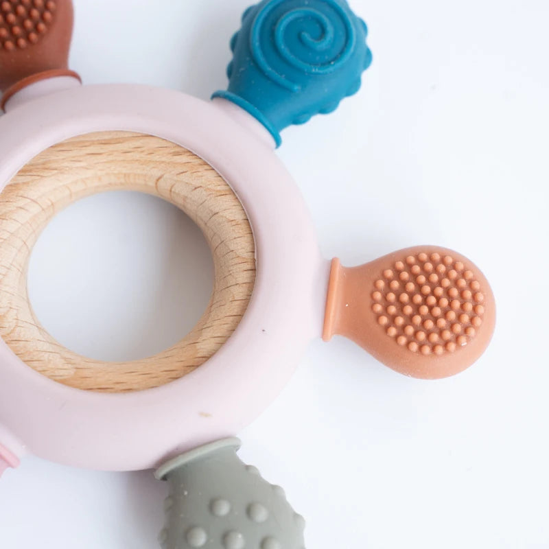 1pc Food Grade Baby Silicone Teether Rudder Shape Wooden Ring Teething