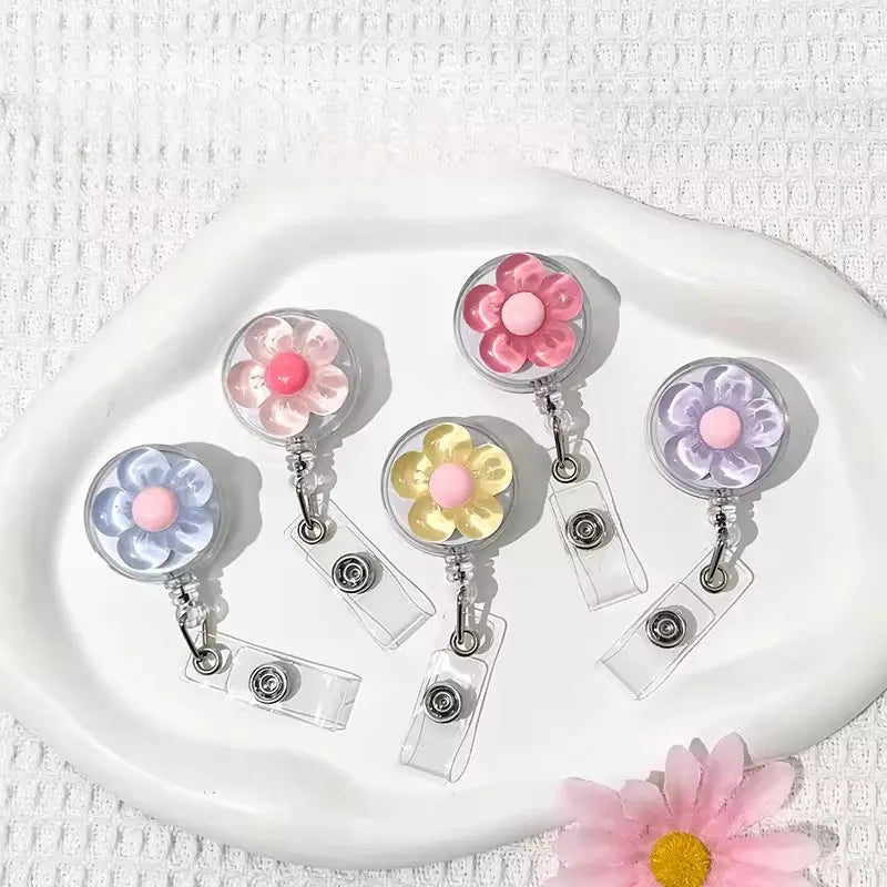 1pcs Cute Transparent Floral Badge Reel for Women Retractable Worker
