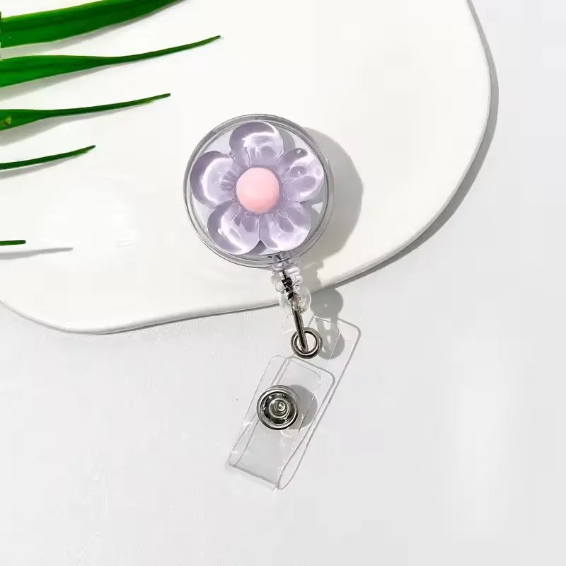 1pcs Cute Transparent Floral Badge Reel for Women Retractable Worker