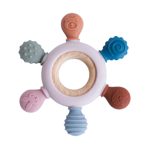 1pc Food Grade Baby Silicone Teether Rudder Shape Wooden Ring Teething