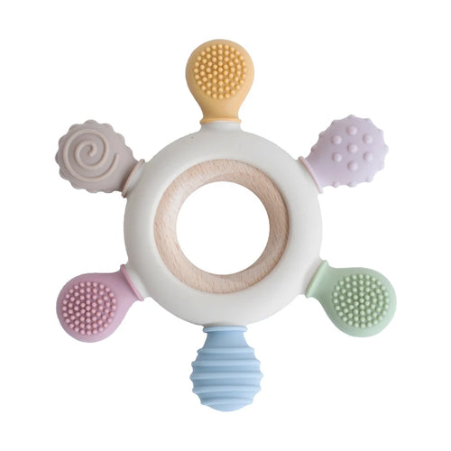 1pc Food Grade Baby Silicone Teether Rudder Shape Wooden Ring Teething