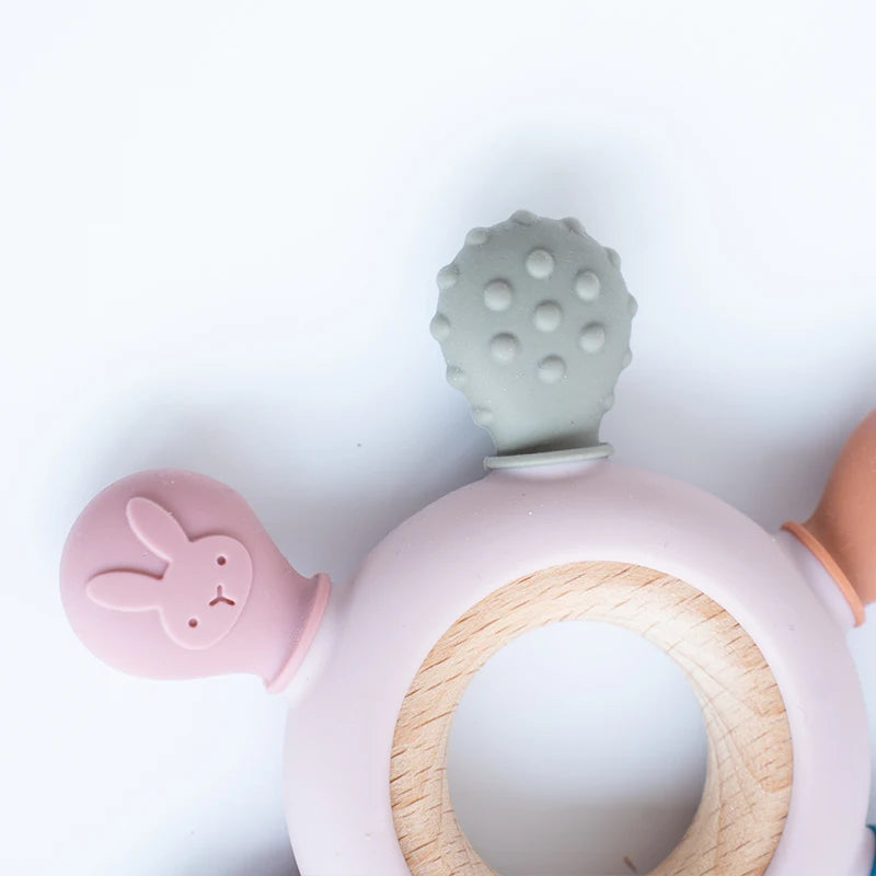 1pc Food Grade Baby Silicone Teether Rudder Shape Wooden Ring Teething