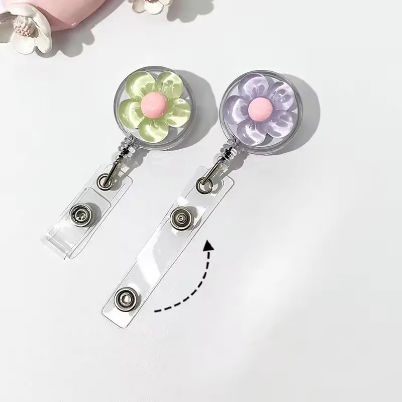 1pcs Cute Transparent Floral Badge Reel for Women Retractable Worker